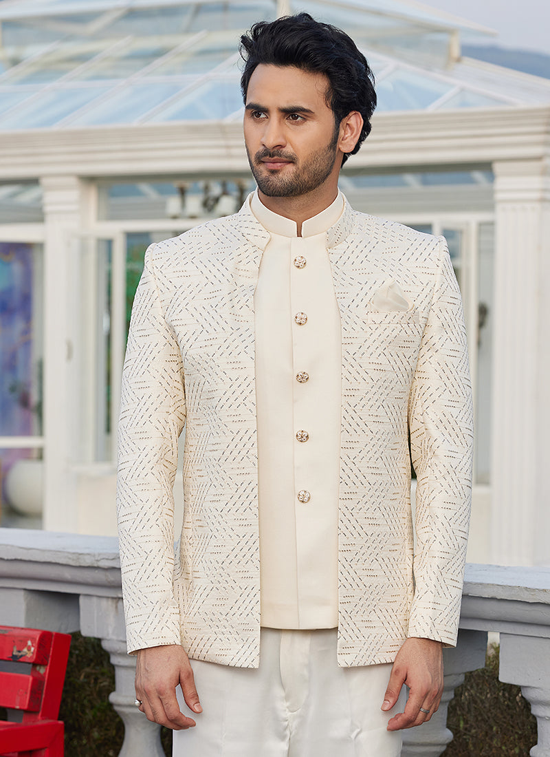 Art Silk Cream Wedding Wear Thread Work Readymade Jodhpuri Suit(Top Only)