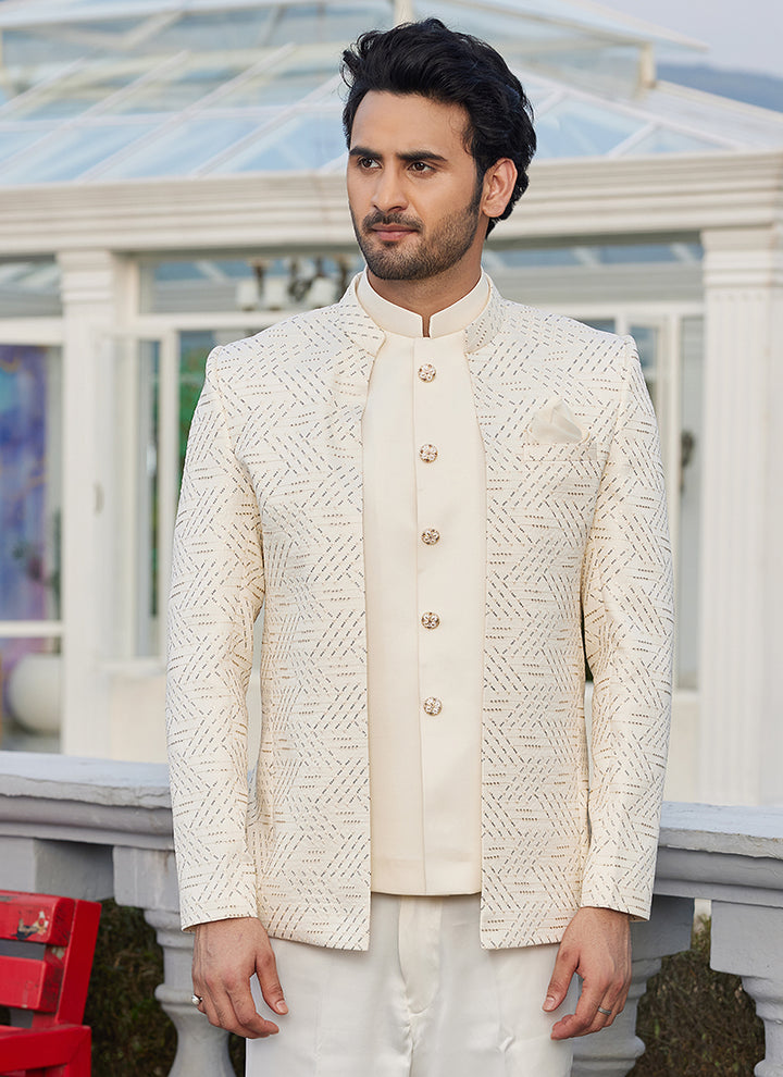 Art Silk Cream Wedding Wear Thread Work Readymade Jodhpuri Suit(Top Only)