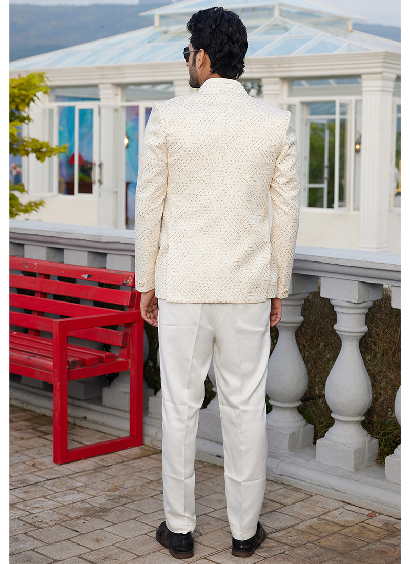 Art Silk Cream Wedding Wear Thread Work Readymade Jodhpuri Suit(Top Only)