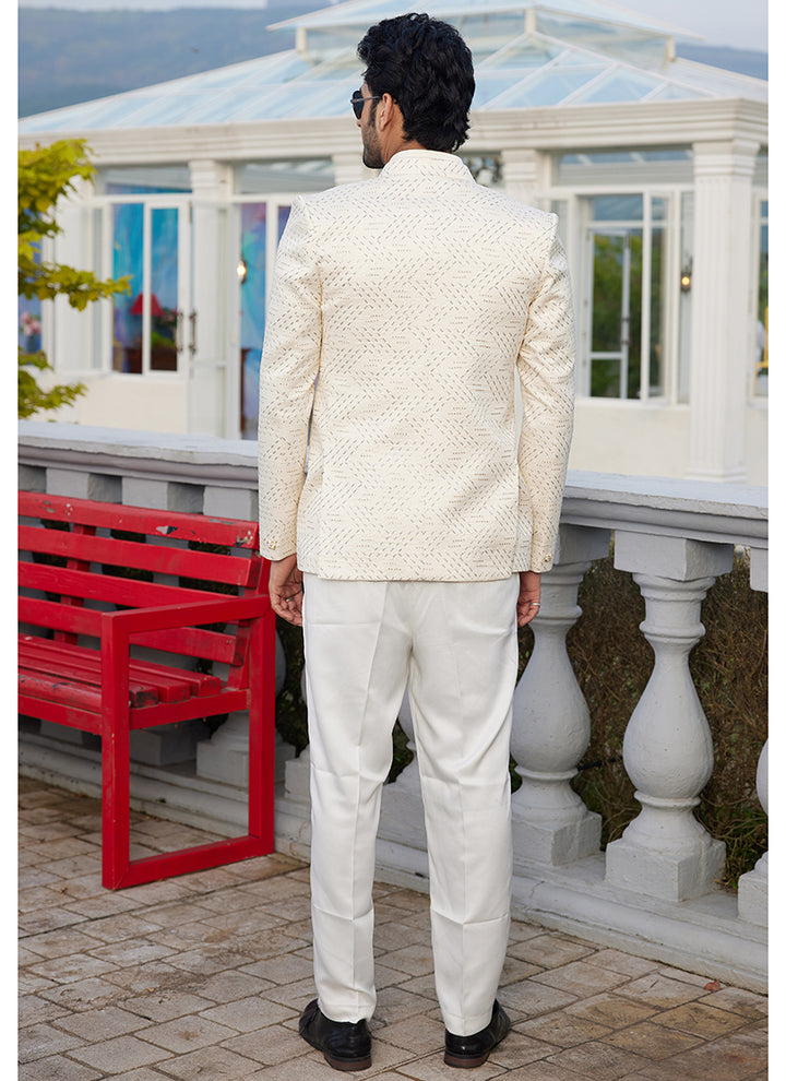 Art Silk Cream Wedding Wear Thread Work Readymade Jodhpuri Suit(Top Only)