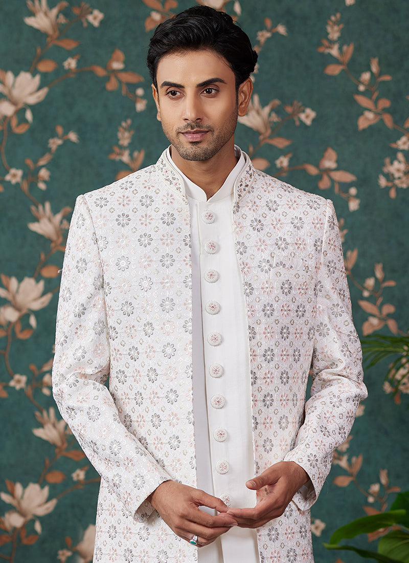 Art Silk Cream Wedding Wear Thread Work Readymade Sherwani