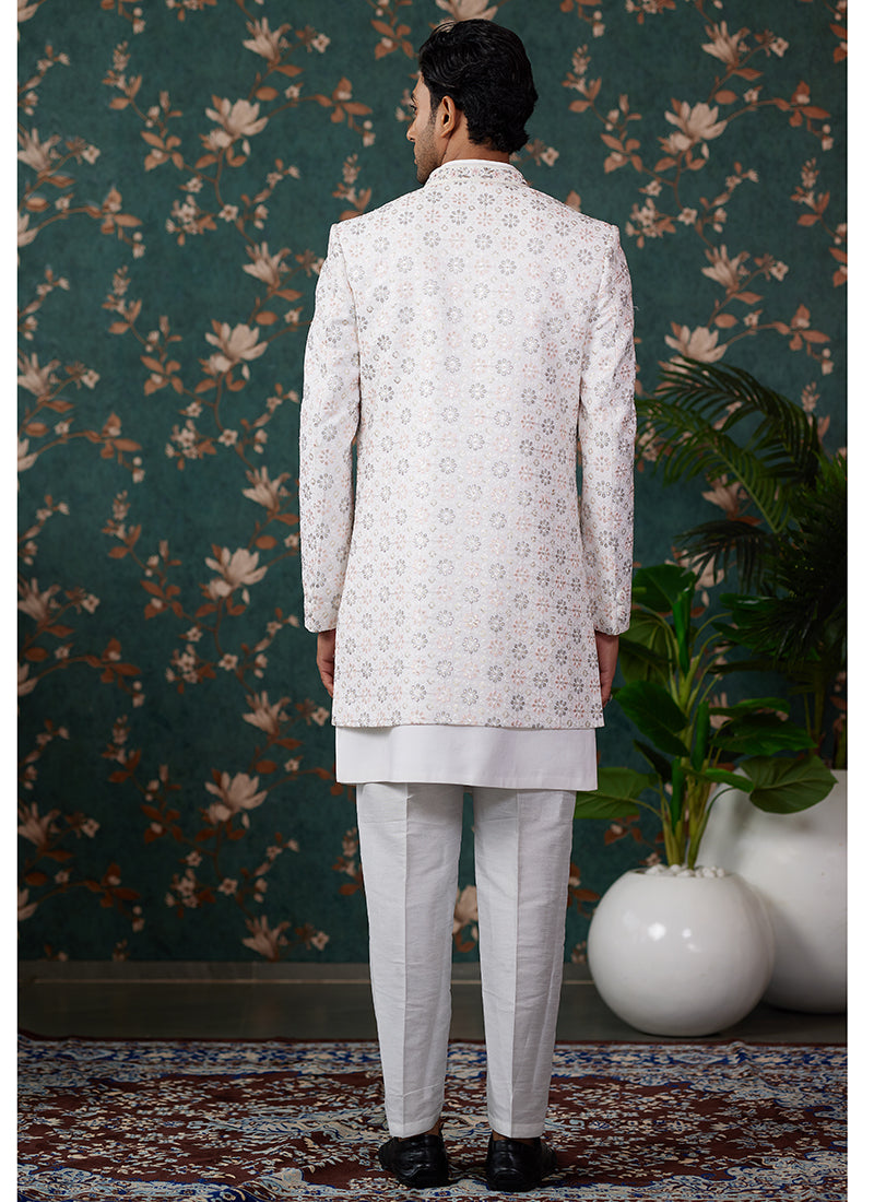 Art Silk Cream Wedding Wear Thread Work Readymade Sherwani