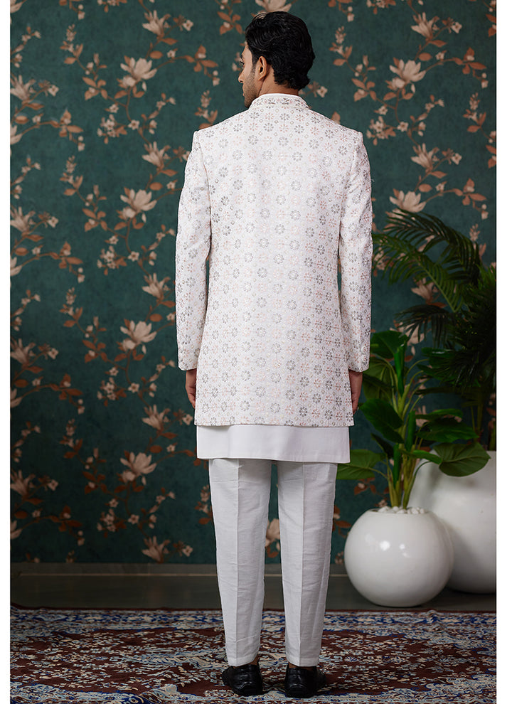 Art Silk Cream Wedding Wear Thread Work Readymade Sherwani