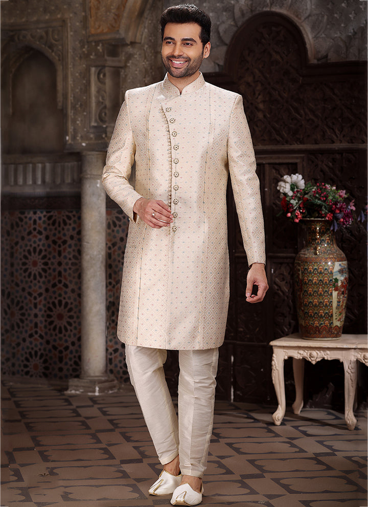 Cream Banarasi Jacquard Reception Wear Weaving Mens Indo Western
