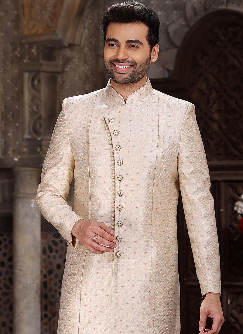 Cream Banarasi Jacquard Reception Wear Weaving Mens Indo Western