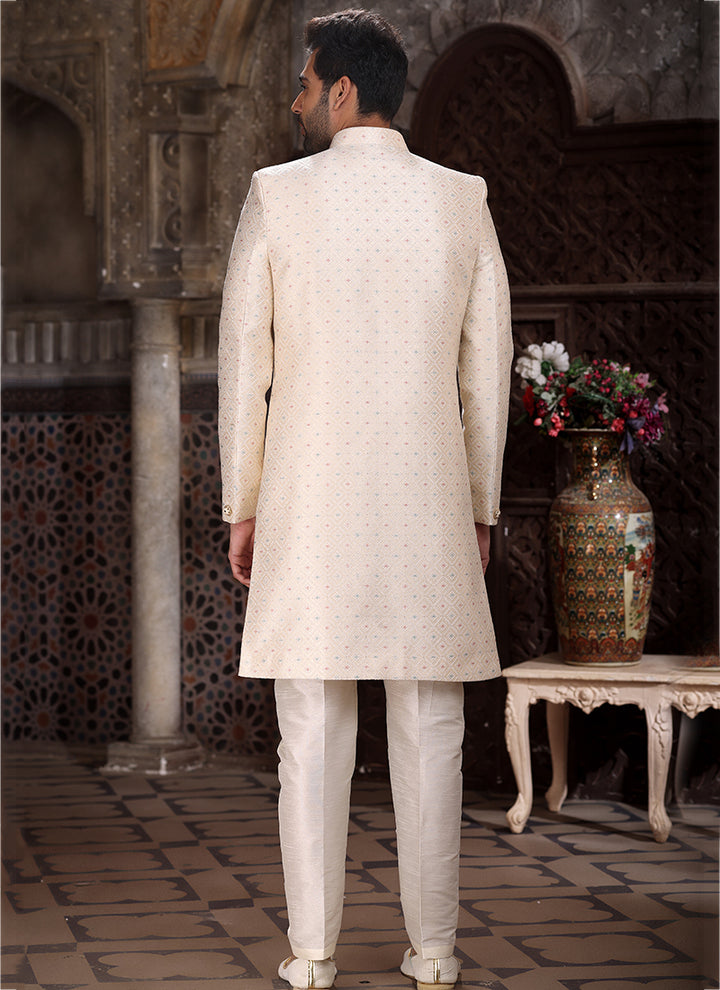 Cream Banarasi Jacquard Reception Wear Weaving Mens Indo Western
