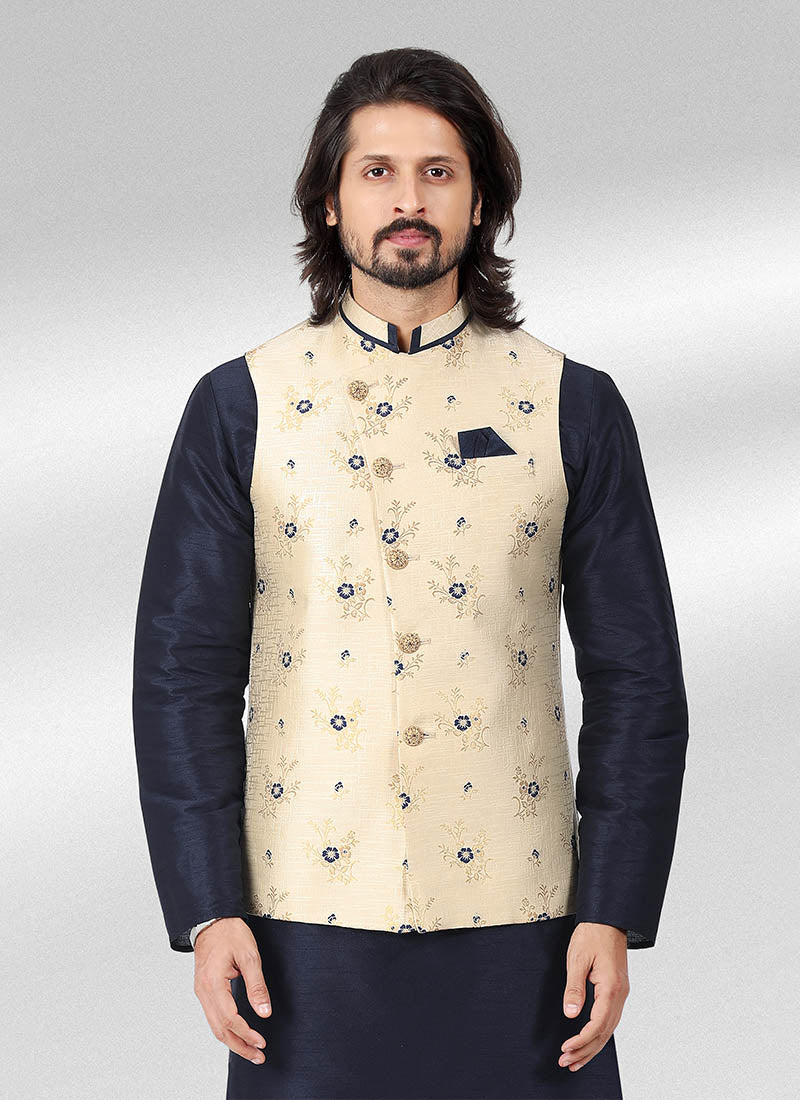 Cream Banarasi Silk Traditional Wear Jacquard Kurta Pajama With Jacket