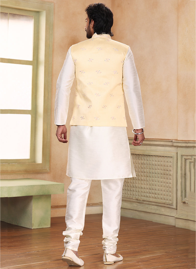 Cream Banarasi Silk Traditional Wear Weaving Kurta Pajama With Jacket
