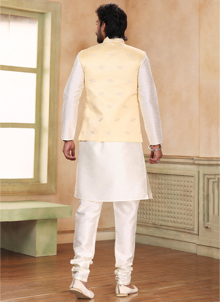 Cream Banarasi Silk Traditional Wear Weaving Kurta Pajama With Jacket