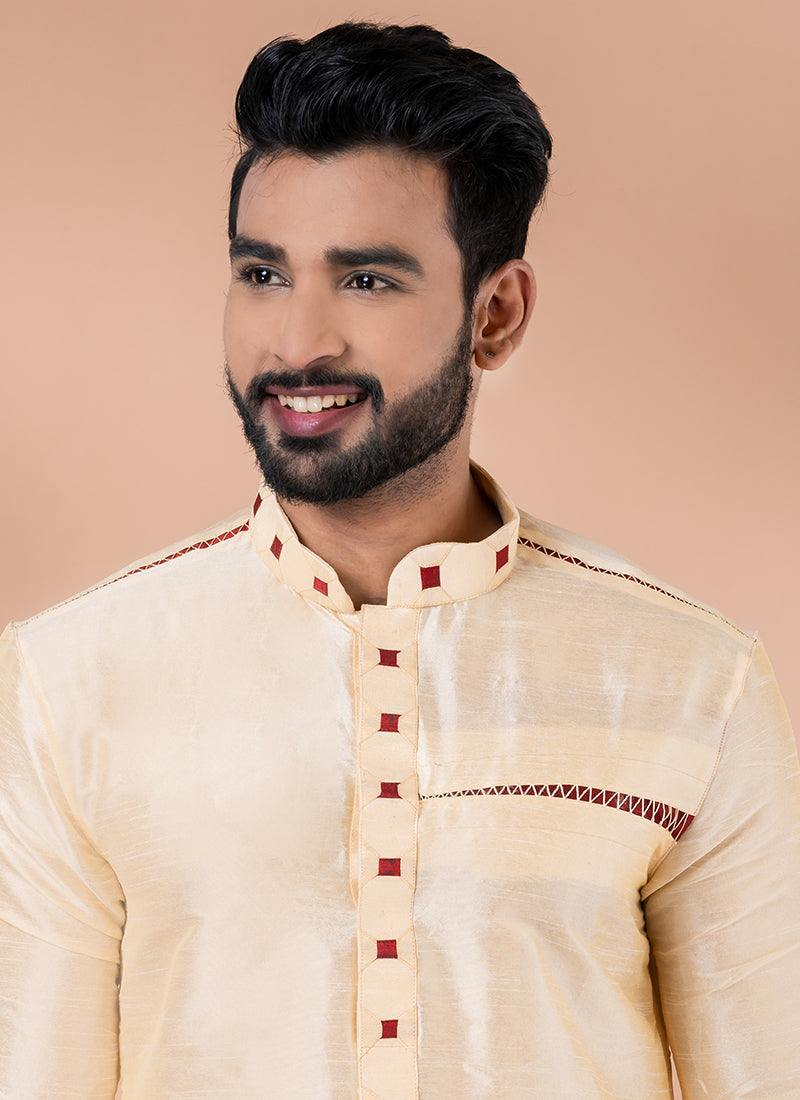 Banarasi Dhupion Silk Cream Festival Wear Weaving Kurta Pajama