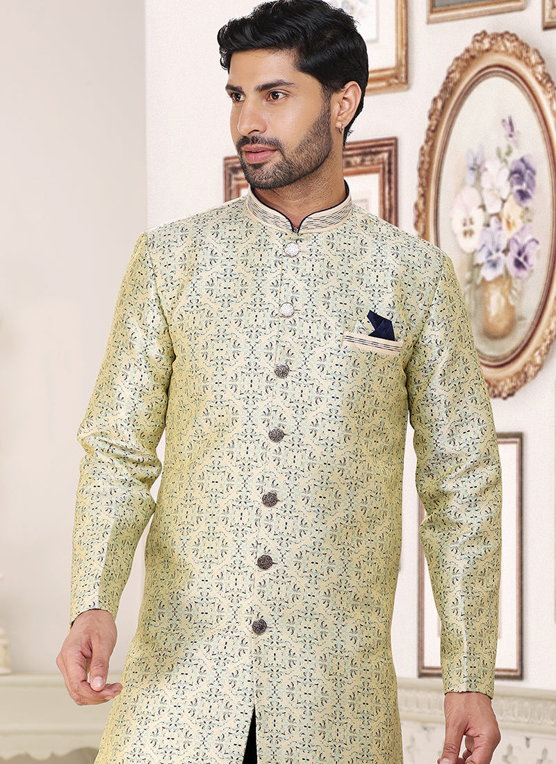 Cream Blue Banarasi Jacquard Wedding Wear Weaving Indo Western Sherwani