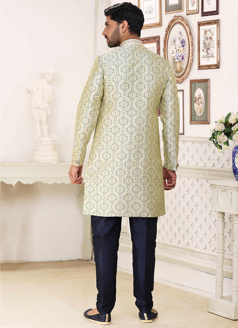 Cream Blue Banarasi Jacquard Wedding Wear Weaving Indo Western Sherwani