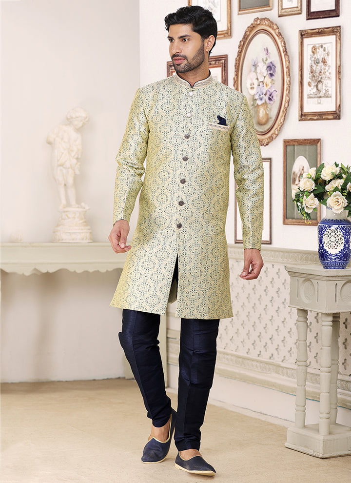 Cream Blue Banarasi Jacquard Wedding Wear Weaving Indo Western Sherwani