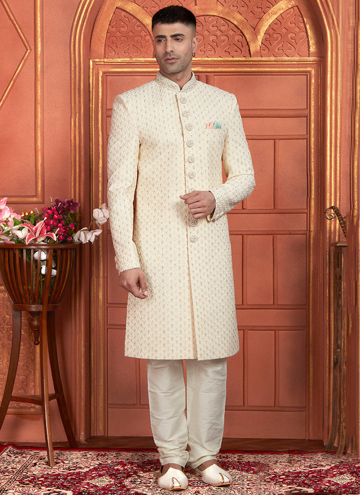 Dhupion Art Silk Cream Wedding Wear Thread Work Readymade Sherwani