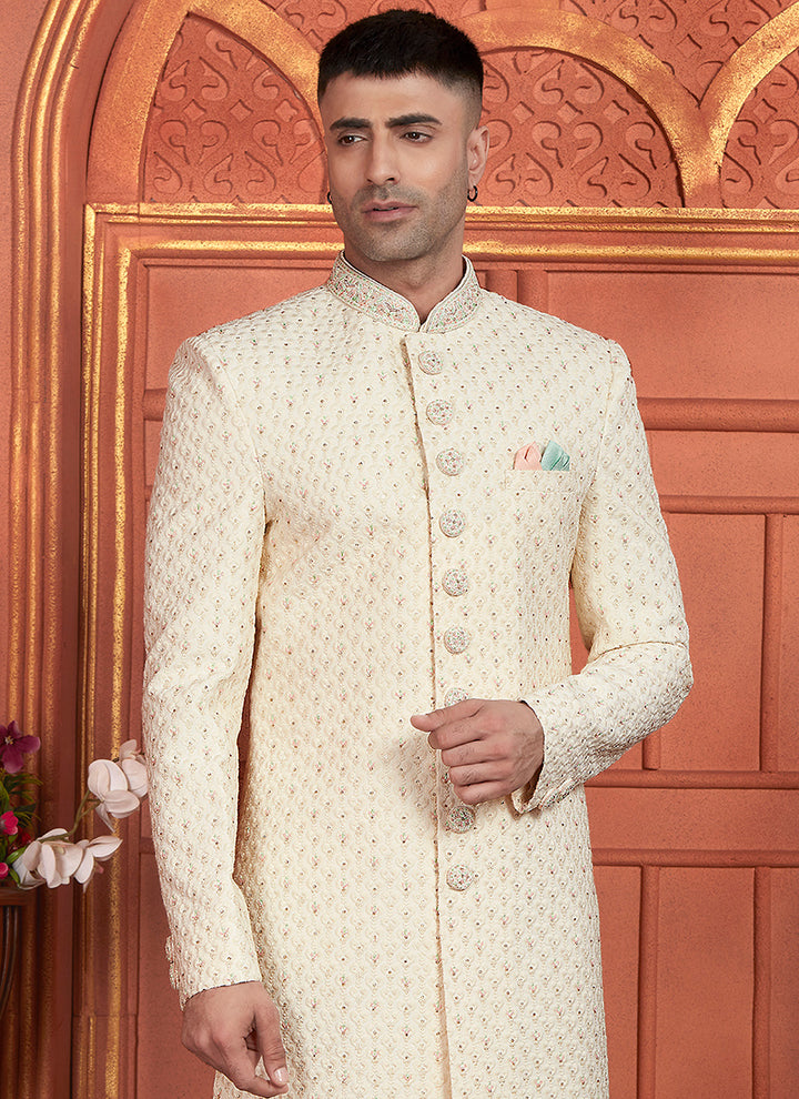 Dhupion Art Silk Cream Wedding Wear Thread Work Readymade Sherwani