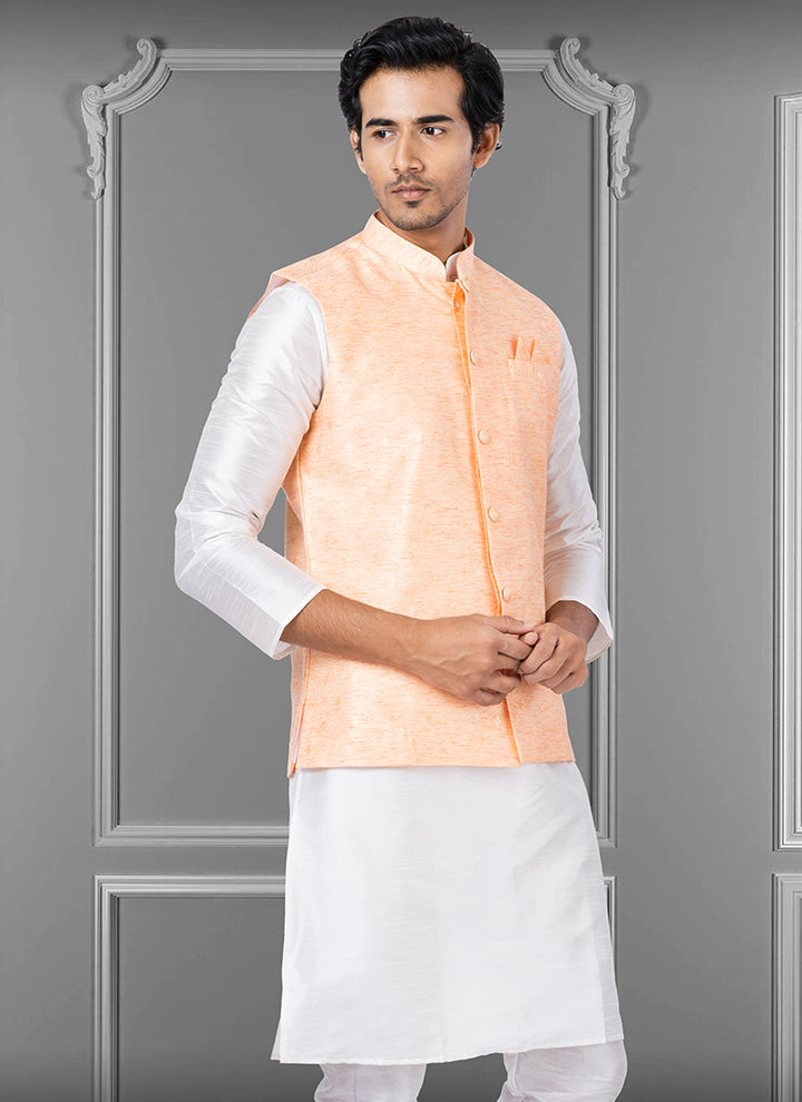 Linen Silk Cream Festival Wear Embroidery Work Readymade Men's Waistcoat