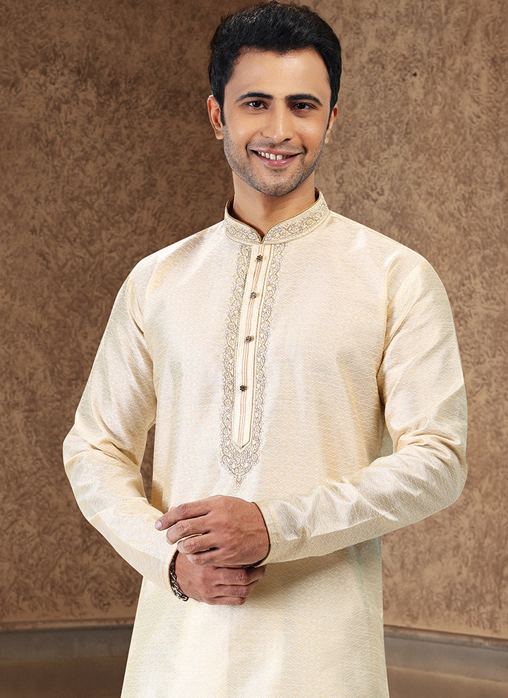 Cream Jacquard Banarasi Silk Festival Wear Thread Work Kurta Pajama