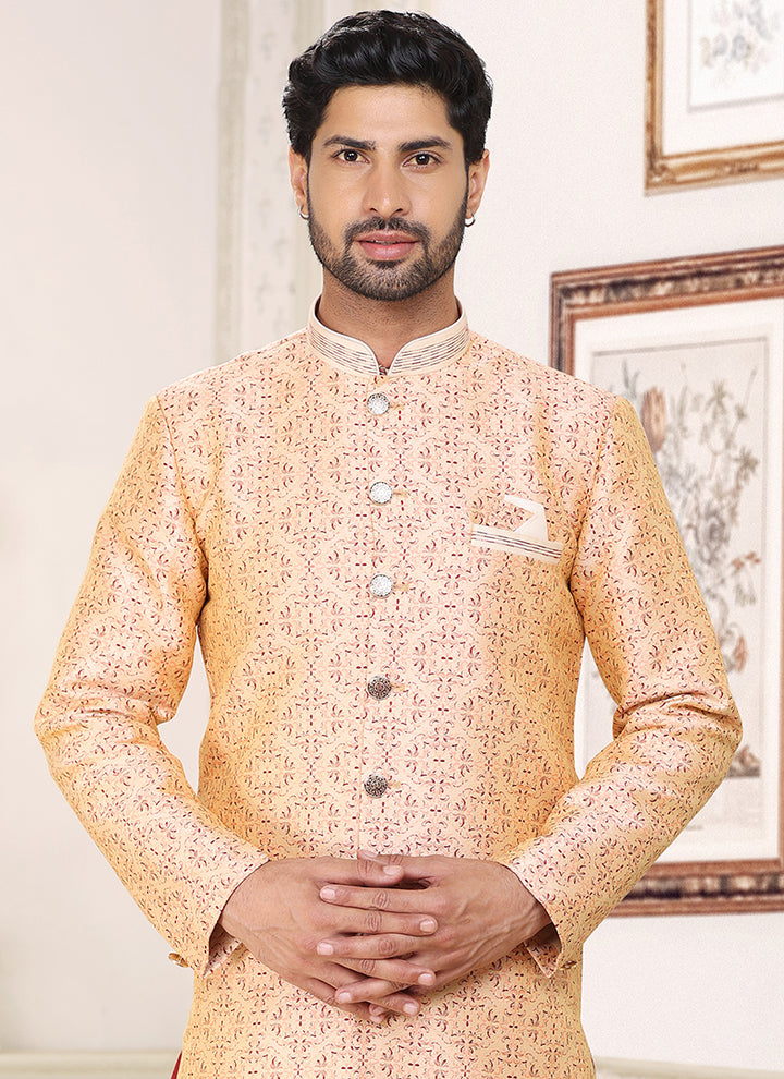Cream Maroon Banarasi Jacquard Wedding Wear Weaving Indo Western Sherwani