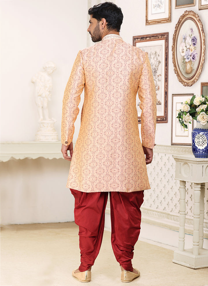 Cream Maroon Banarasi Jacquard Wedding Wear Weaving Indo Western Sherwani