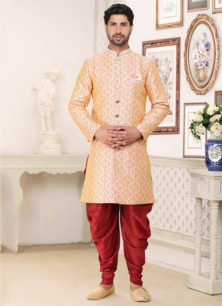 Cream Maroon Banarasi Jacquard Wedding Wear Weaving Indo Western Sherwani