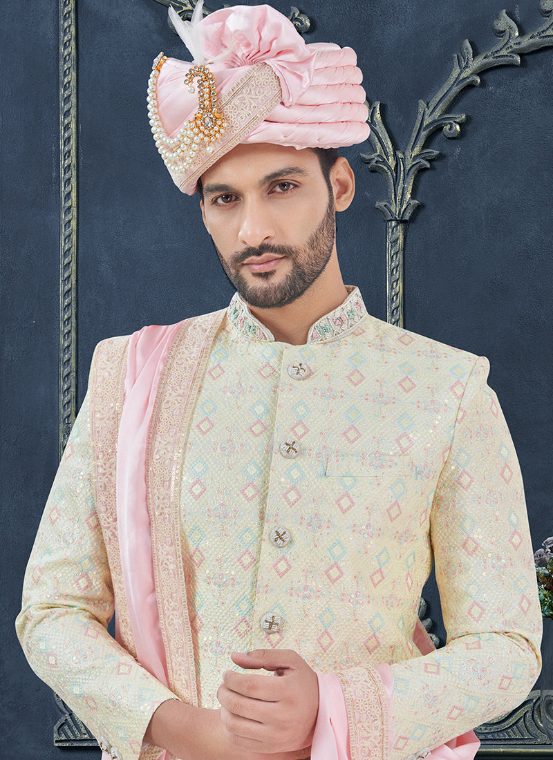Silk Cream Groom Wear Hand Work Readymade Sherwani With Turban