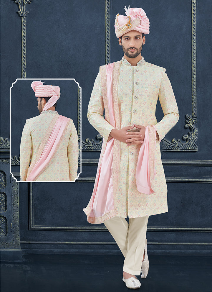 Silk Cream Groom Wear Hand Work Readymade Sherwani With Turban