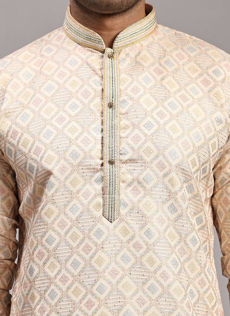 Viscose Jacquard Cream Festival Wear Weaving  Readymade Kurta Pajama