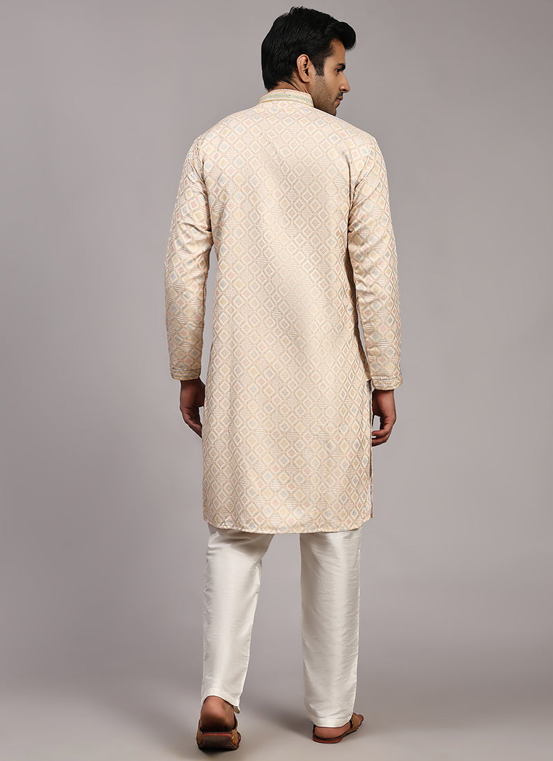 Viscose Jacquard Cream Festival Wear Weaving  Readymade Kurta Pajama