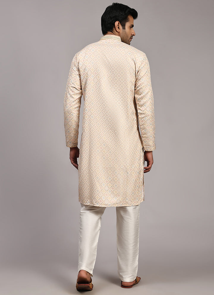 Viscose Jacquard Cream Festival Wear Weaving  Readymade Kurta Pajama