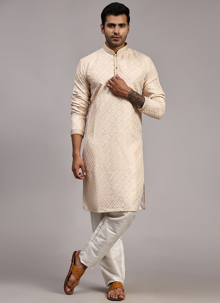Viscose Jacquard Cream Festival Wear Weaving  Readymade Kurta Pajama