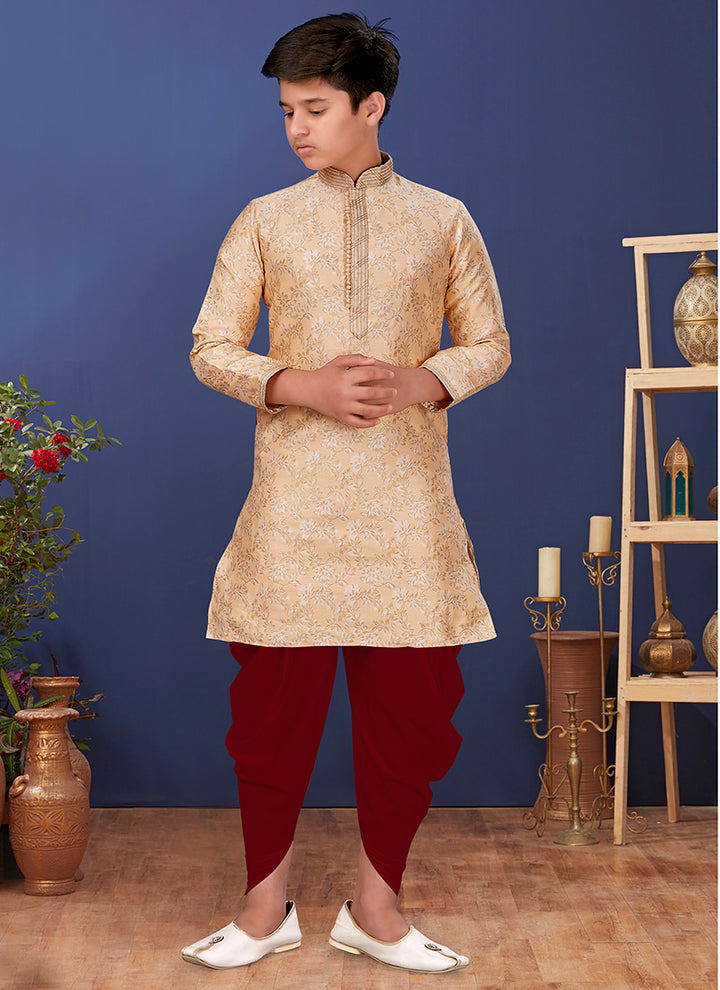 Jacquard Silk Cream Yellow Wedding Wear Weaving Readymade Kurta Pajama