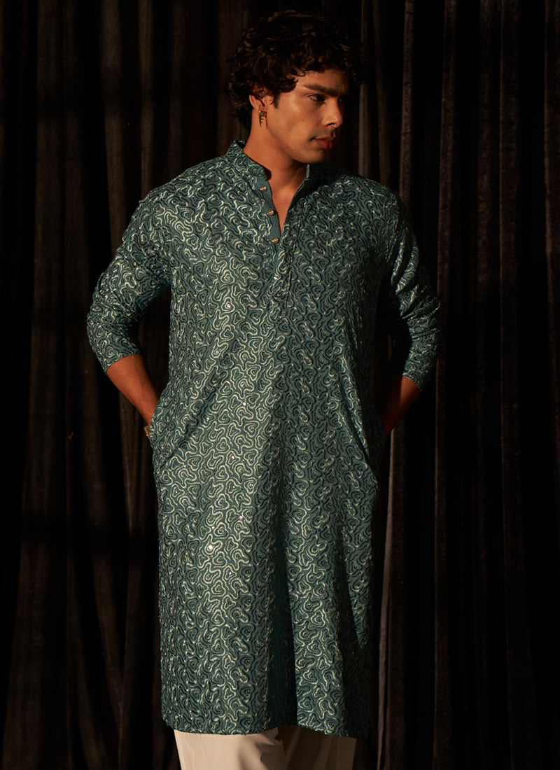 Viscose Cyan Blue Eid Wear Chikankari Embroidery Readymade Kurta Pajama
