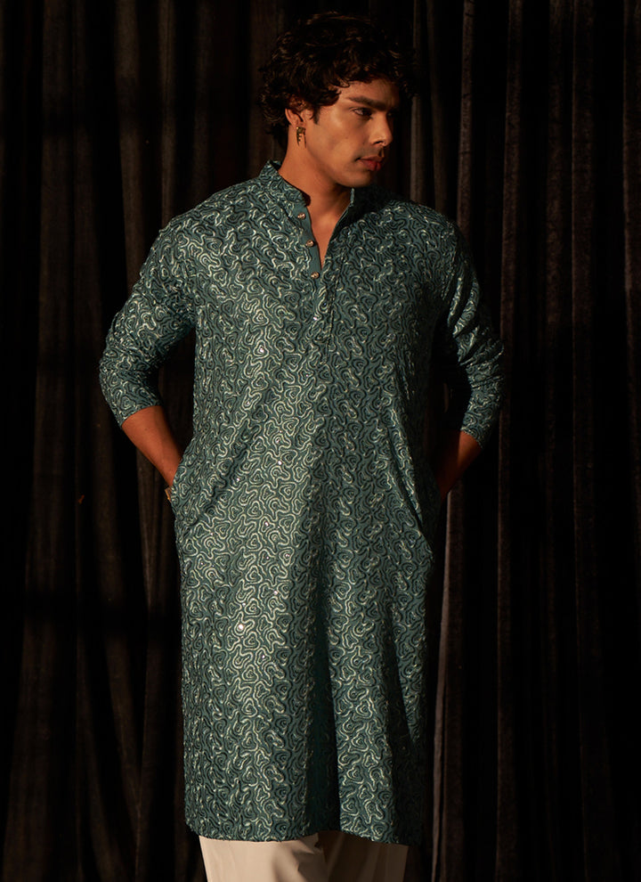 Viscose Cyan Blue Eid Wear Chikankari Embroidery Readymade Kurta Pajama