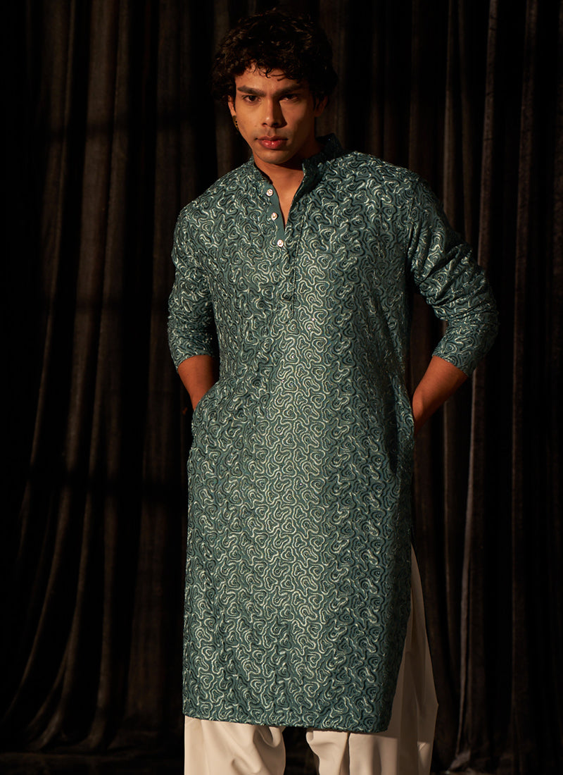 Viscose Cyan Blue Eid Wear Chikankari Embroidery Readymade Kurta Pajama