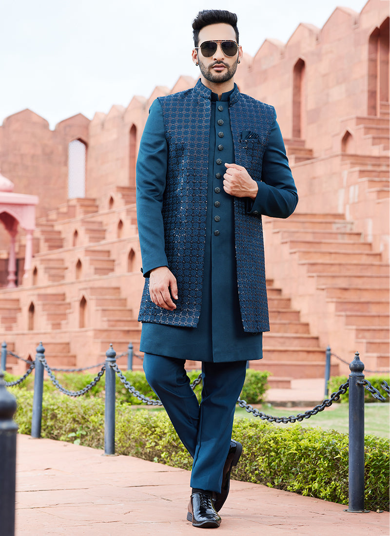 DARK TEAL GREEN Art Silk Wedding Wear Thread Work 3 Pcs Jacket Set