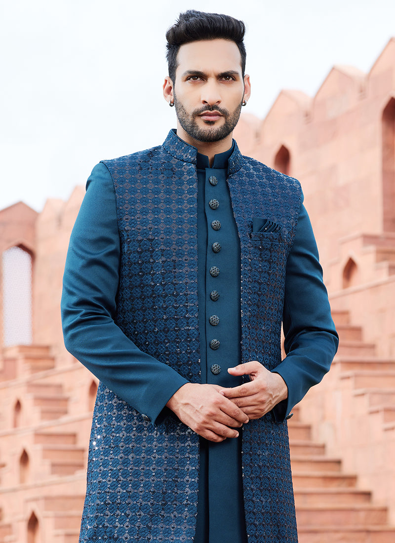 DARK TEAL GREEN Art Silk Wedding Wear Thread Work 3 Pcs Jacket Set