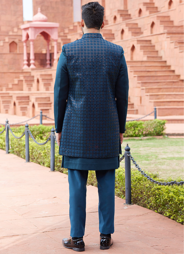 DARK TEAL GREEN Art Silk Wedding Wear Thread Work 3 Pcs Jacket Set