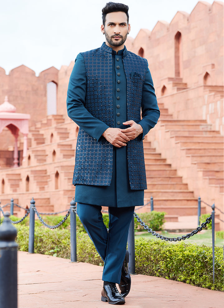 DARK TEAL GREEN Art Silk Wedding Wear Thread Work 3 Pcs Jacket Set