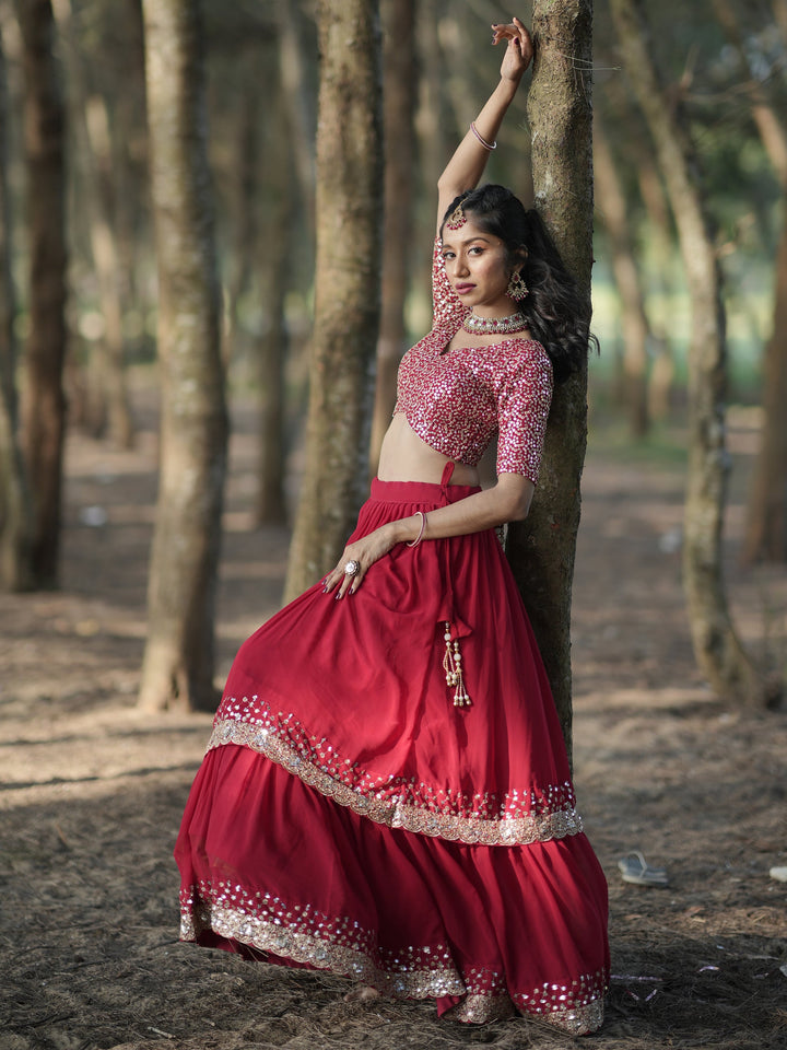 Red Sequins Georgette Wedding Lehenga Choli With Dupatta