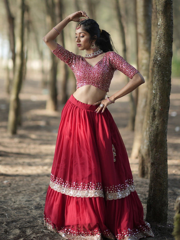 Red Sequins Georgette Wedding Lehenga Choli With Dupatta