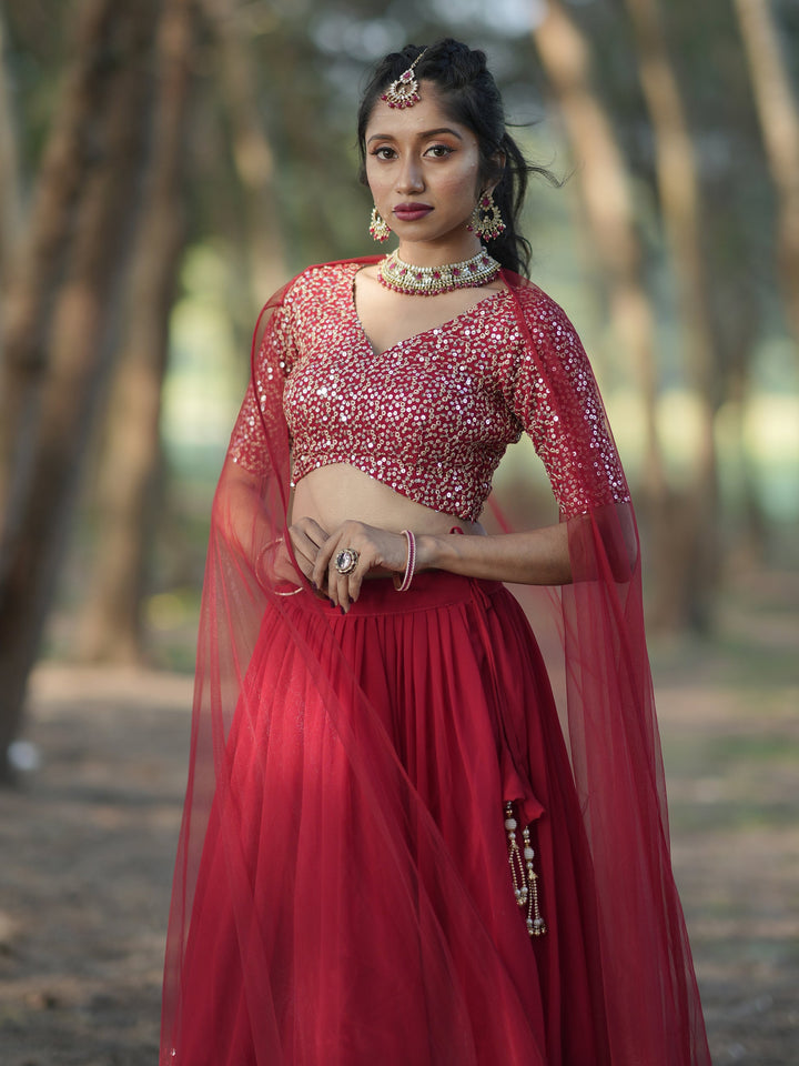 Red Sequins Georgette Wedding Lehenga Choli With Dupatta
