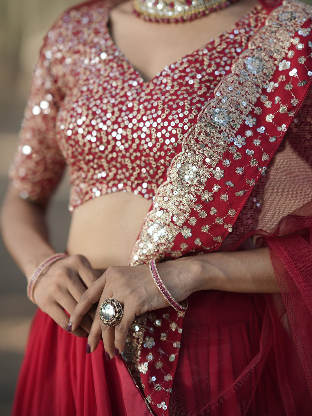 Red Sequins Georgette Wedding Lehenga Choli With Dupatta