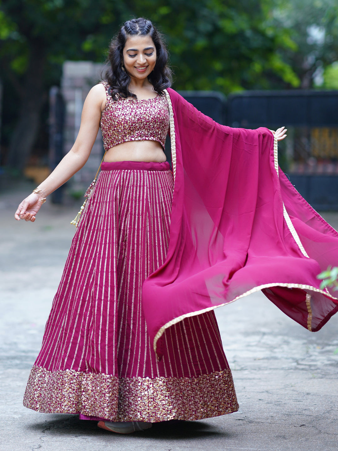 Magenta Sequins Georgette Engagement Wear Lehenga Choli