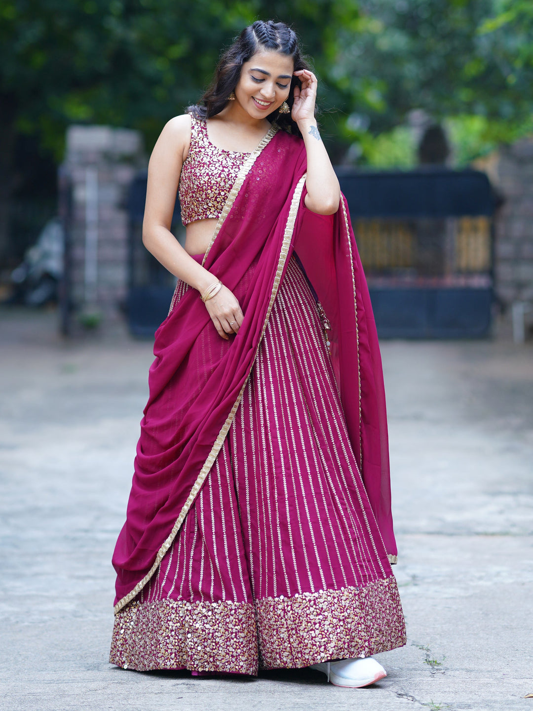 Magenta Sequins Georgette Engagement Wear Lehenga Choli