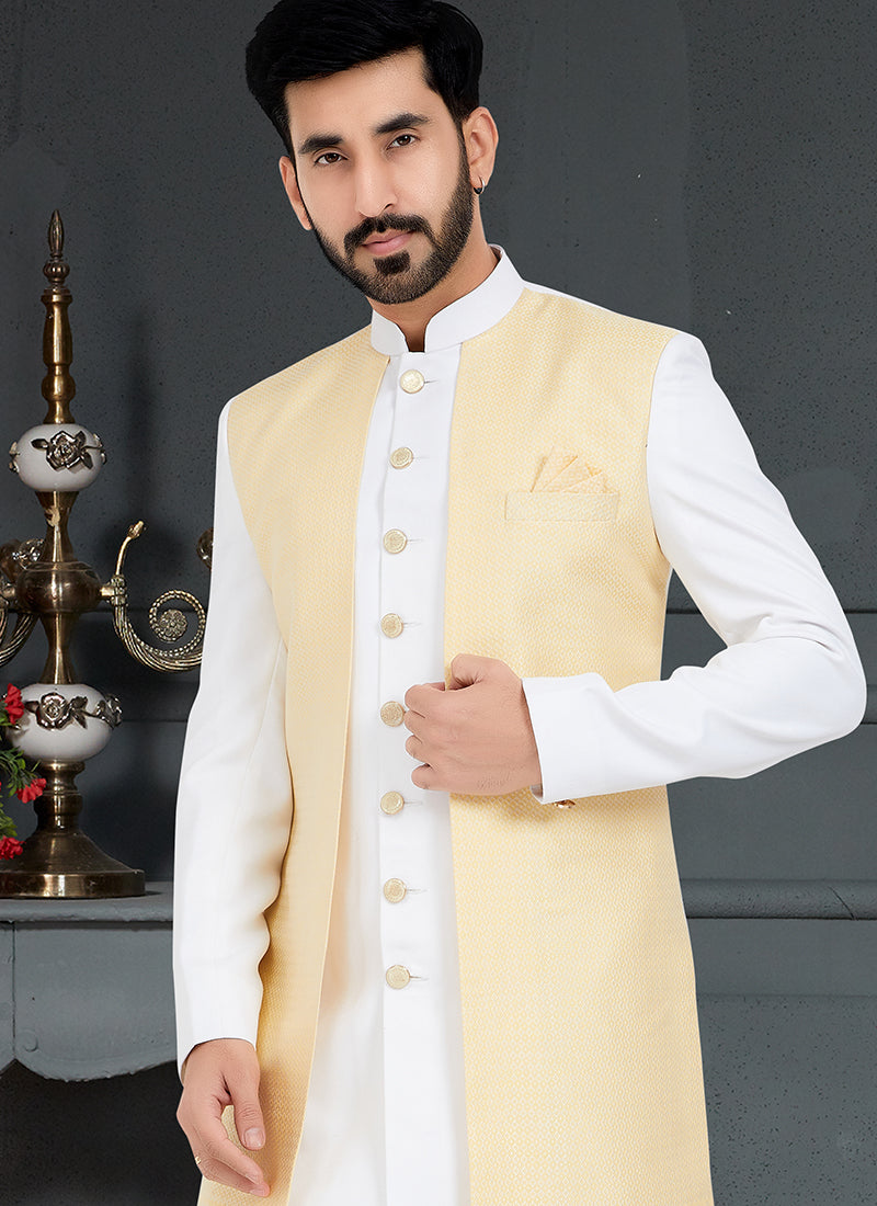 Dark Cream White  Jecquard Traditional Wear Weaving Italian Indo Western