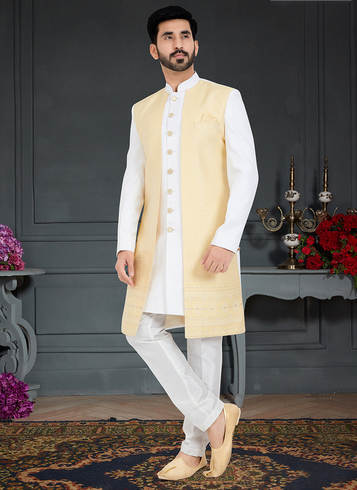 Dark Cream White  Jecquard Traditional Wear Weaving Italian Indo Western