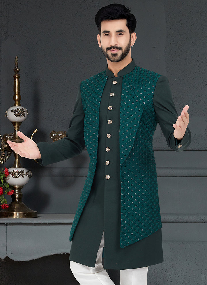 Dark Green Sequence Embroidery Traditional Wear Weaving Italian Indo Western