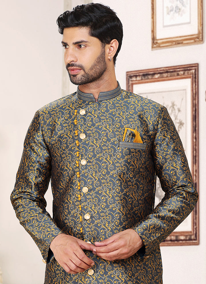 Dark Grey  Banarasi Jacquard Wedding Wear Weaving Indo Western Sherwani