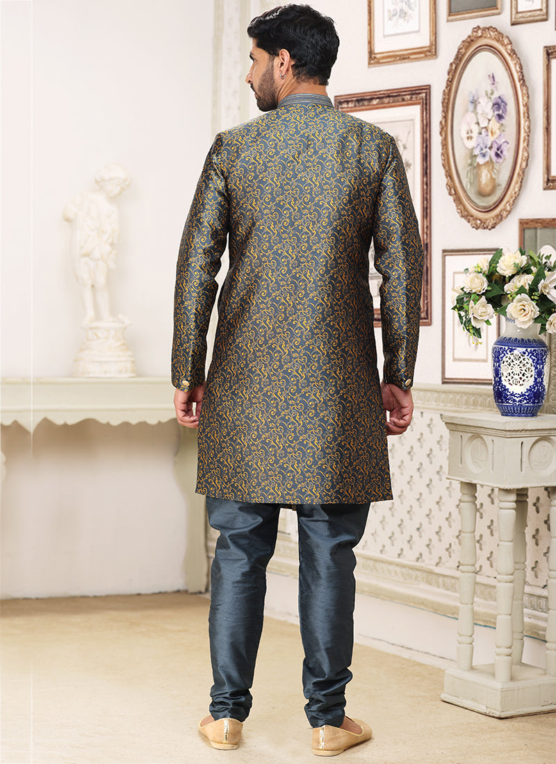 Dark Grey  Banarasi Jacquard Wedding Wear Weaving Indo Western Sherwani