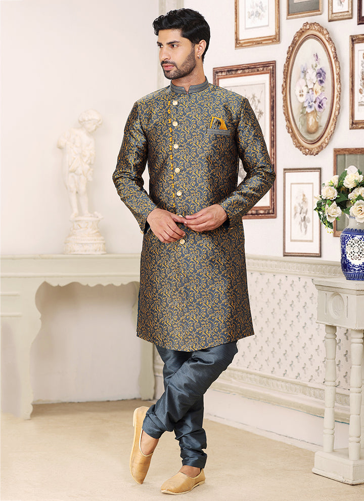 Dark Grey  Banarasi Jacquard Wedding Wear Weaving Indo Western Sherwani